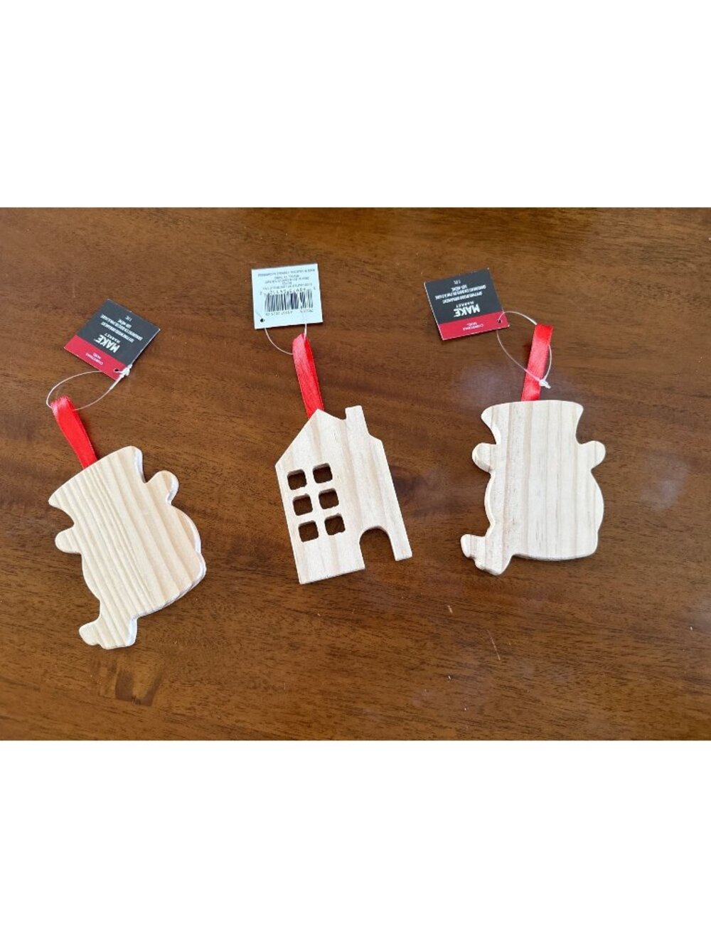 Wooden Christmas Ornaments - House & Snowman Shapes - Craft DIY Decor With Red R
